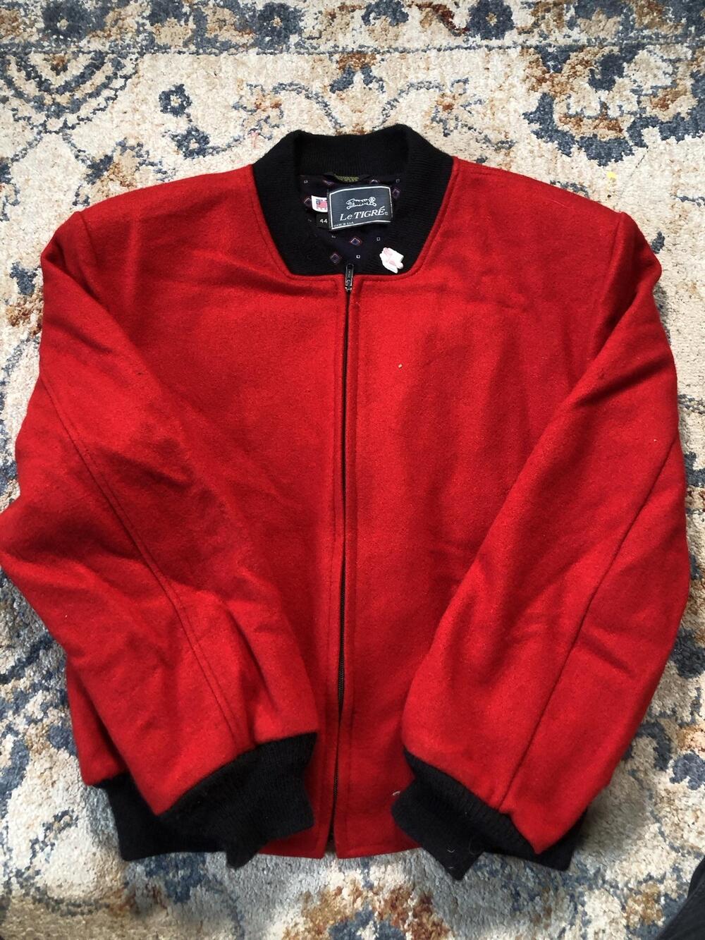 Le Tigre Jacket Mens 44 Red Wool Bomber Full Zip Lined Made In USA Warm